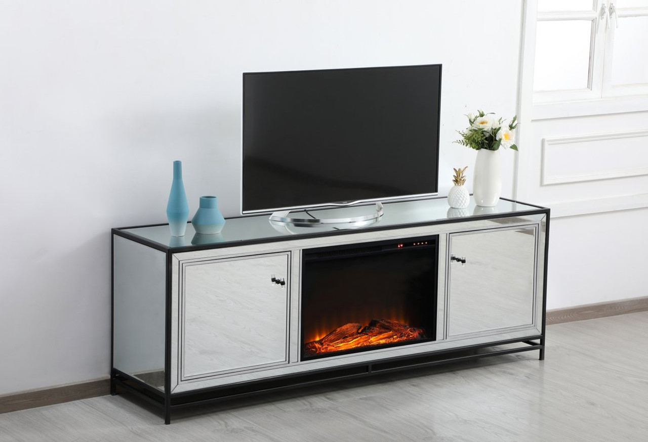 Elegant Decor MF70172BK-F1 James 72 in. mirrored tv stand with wood fireplace in black