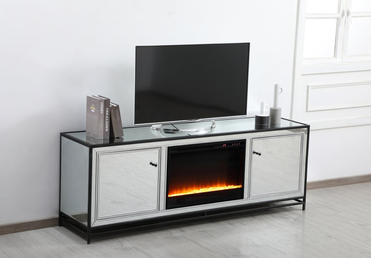 Elegant Decor MF70172BK-F2 James 72 in. mirrored tv stand with crystal fireplace in black Elegant Decor MF70172BK-F2 James 72 in. mirrored tv stand with crystal fireplace in black