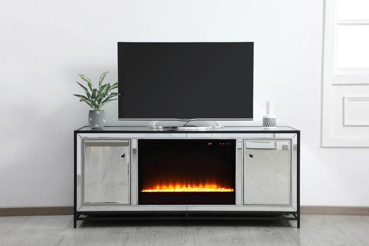 Elegant Décor MF701BK-F2 James 60 in. mirrored tv stand with crystal fireplace in black