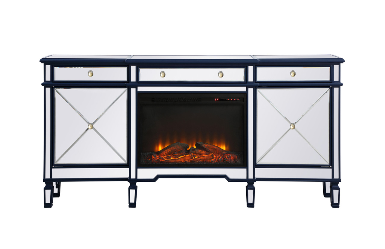 Elegant Décor MF61072BL-F1 Contempo 72 in. mirrored credenza with wood fireplace in blue