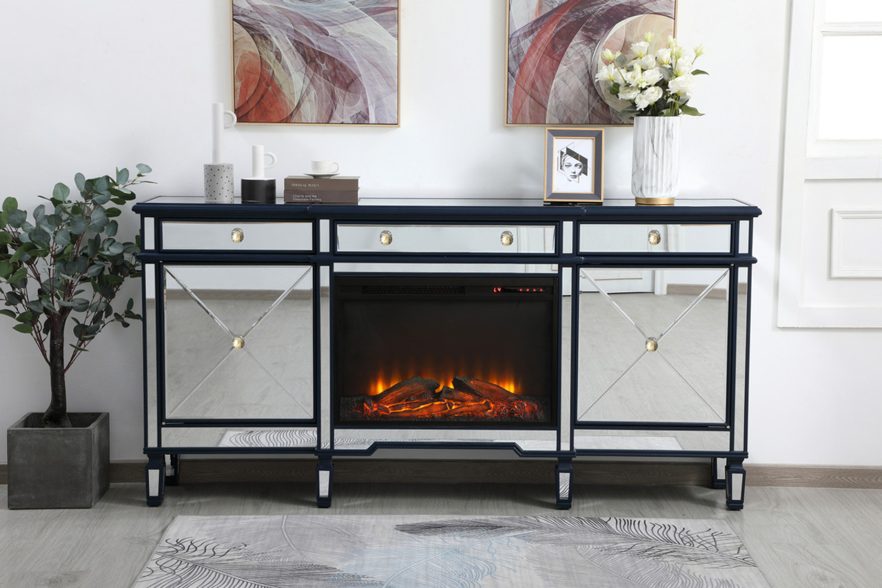 Elegant Décor MF61072BL-F1 Contempo 72 in. mirrored credenza with wood fireplace in blue