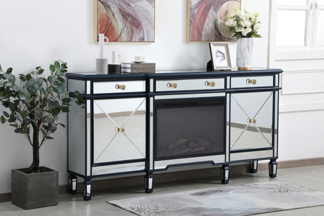 Elegant Décor MF61072BL-F1 Contempo 72 in. mirrored credenza with wood fireplace in blue