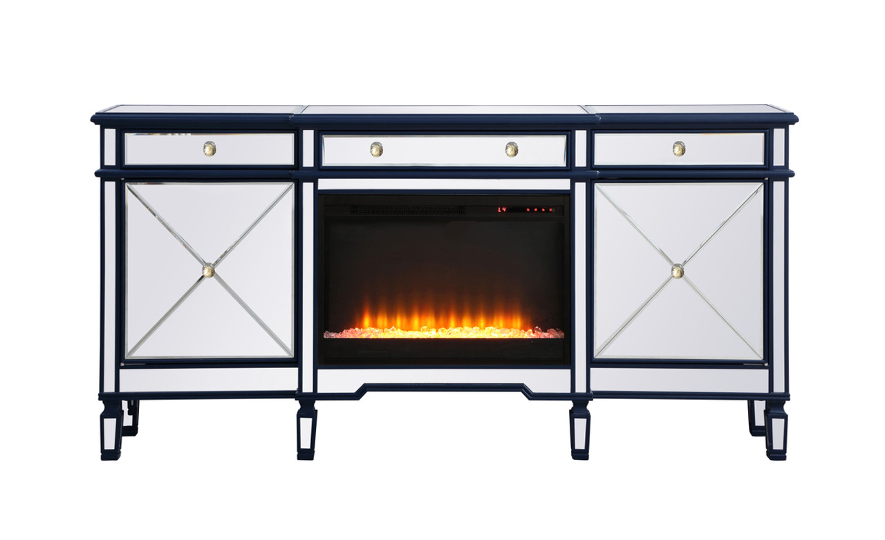 Elegant Décor MF61072BL-F2 Contempo 72 in. mirrored credenza with crystal fireplace in blue