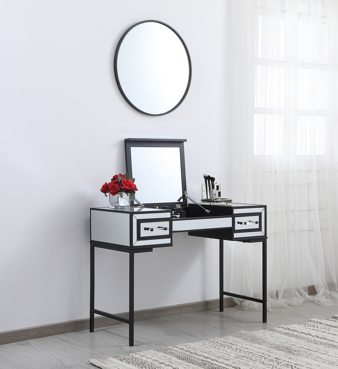 Elegant Decor MF73020BK 42 inch mirrored flip top vanity table in black