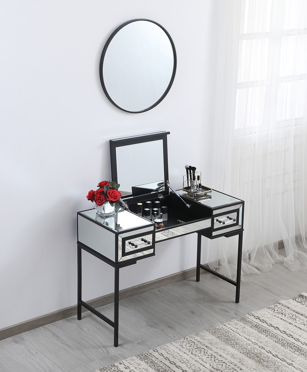 Elegant Decor MF73020BK 42 inch mirrored flip top vanity table in black