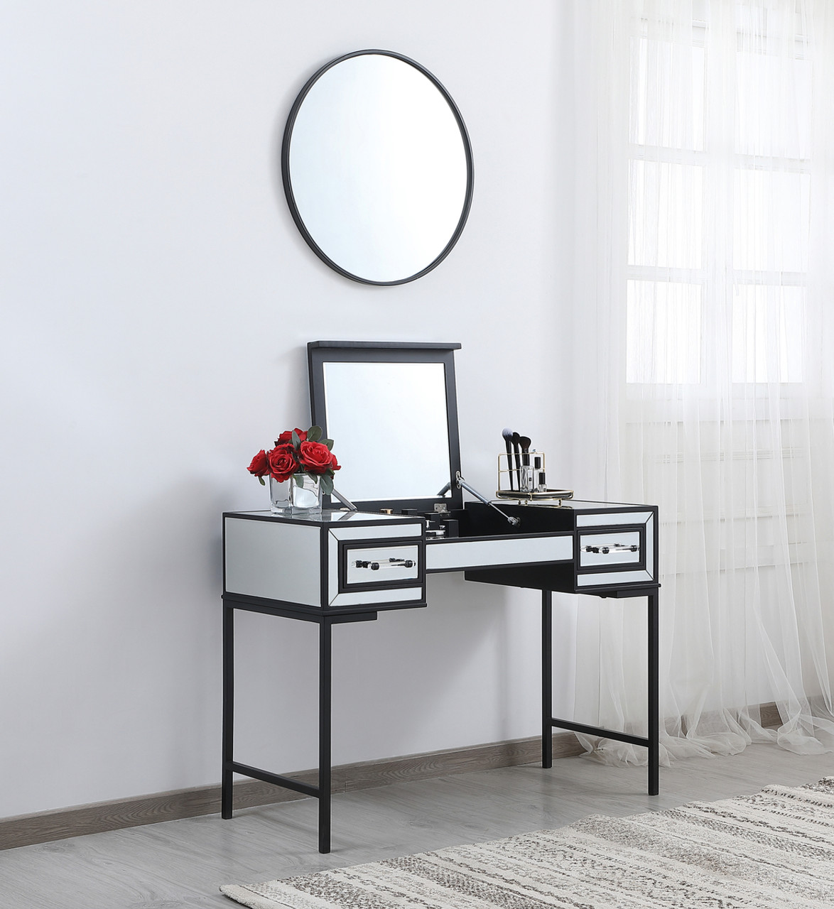 Elegant Decor MF73020BK 42 inch mirrored flip top vanity table in black Elegant Decor MF73020BK 42 inch mirrored flip top vanity table in black