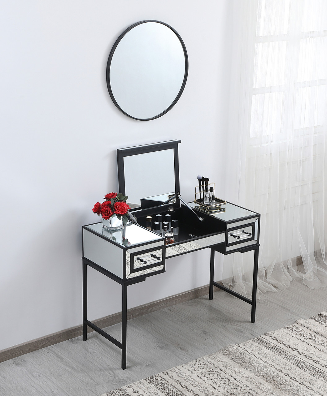 Elegant Decor MF73020BK 42 inch mirrored flip top vanity table in black Elegant Decor MF73020BK 42 inch mirrored flip top vanity table in black