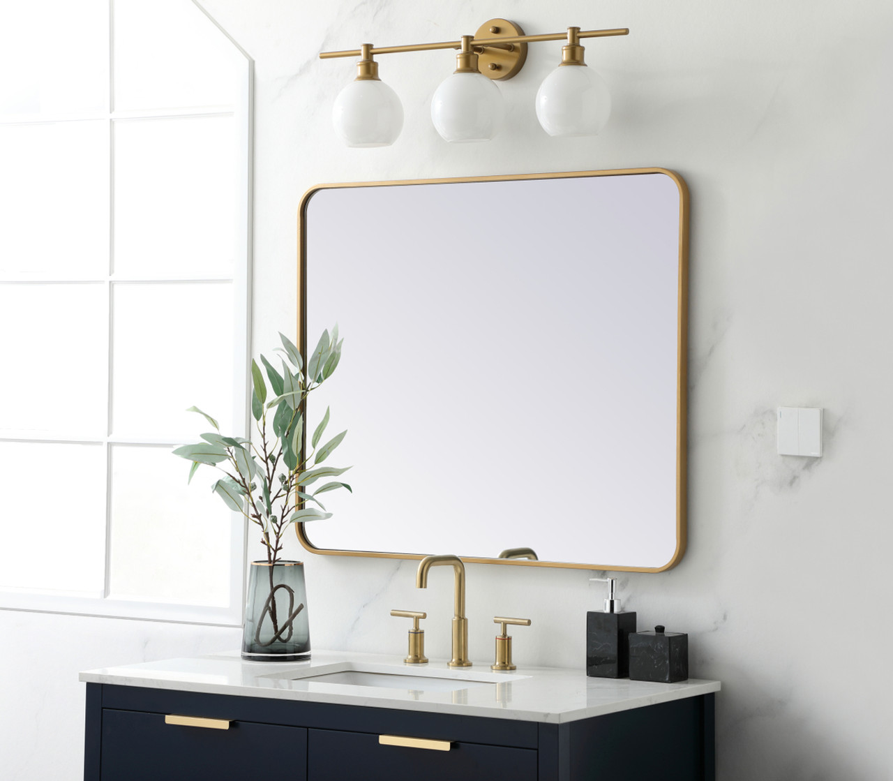 Elegant Decor MR803036BR Soft corner metal rectangular mirror 30x36 inch in Brass