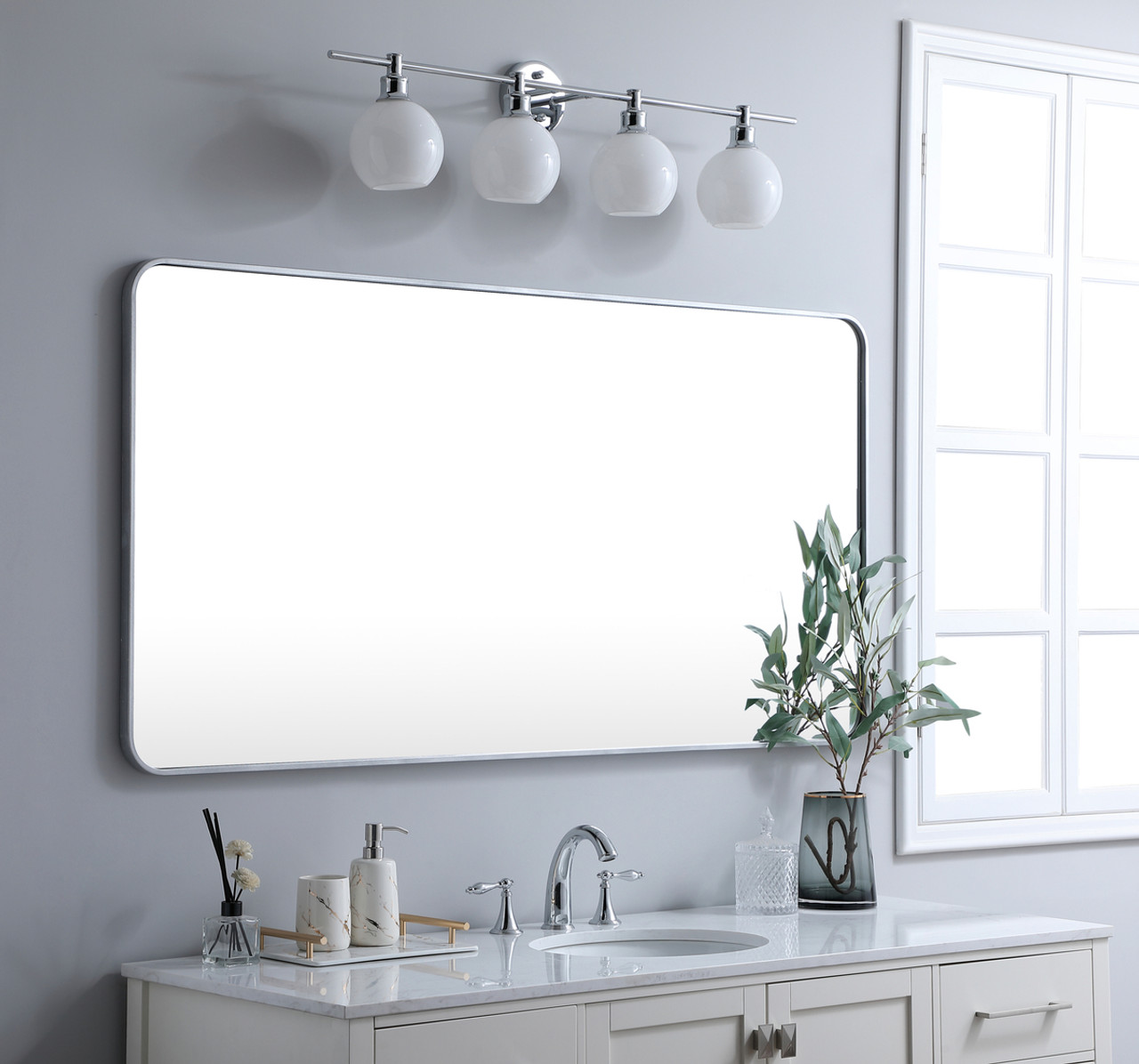 Elegant Decor MR803060S Soft corner metal rectangular mirror 30x60 inch in Silver