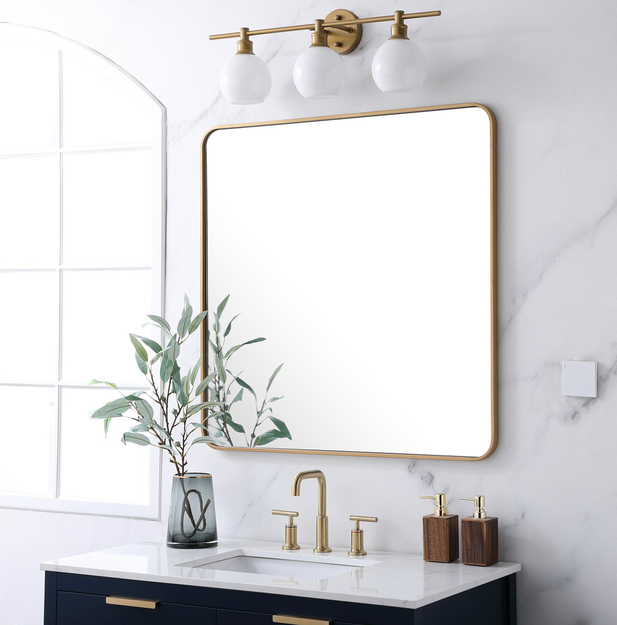 Elegant Decor MR803636BR Soft corner metal rectangular mirror 36x36 inch in Brass