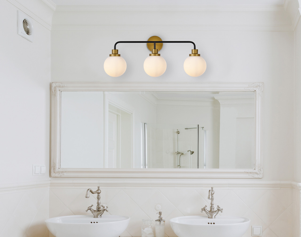 Living Disrict LD7034W28BRB Hanson 3 lights bath sconce in black with brass with frosted shade