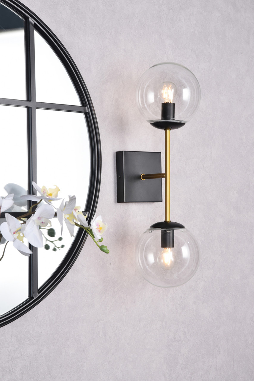 Living District LD2357BKR Neri 2 lights black and brass and clear glass wall sconce