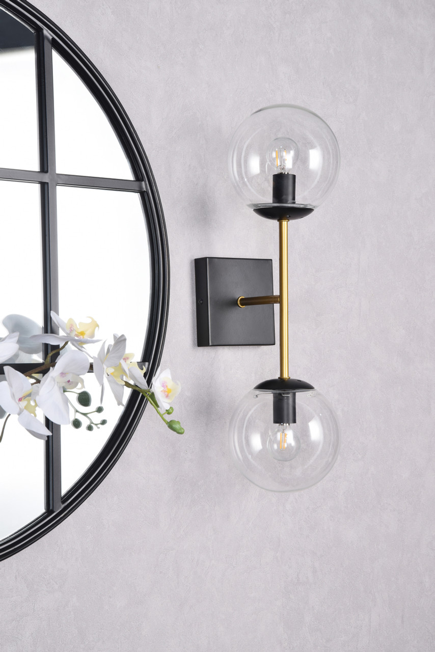 Living District LD2357BKR Neri 2 lights black and brass and clear glass wall sconce