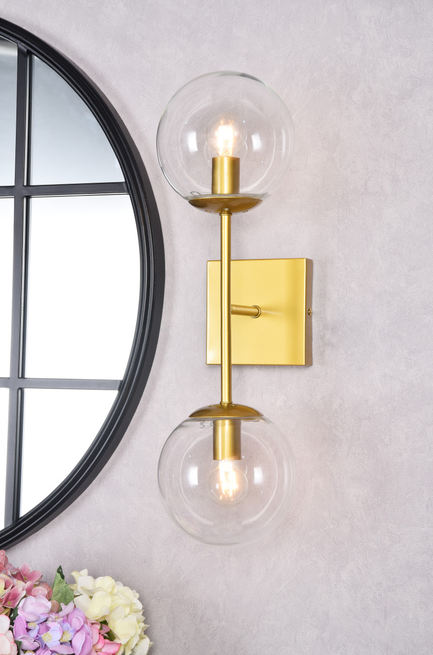 Living District LD2357BR Neri 2 lights brass and clear glass wall sconce