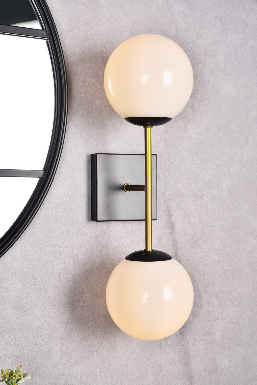 Living District LD2358BKR Neri 2 lights black and brass and white glass wall sconce