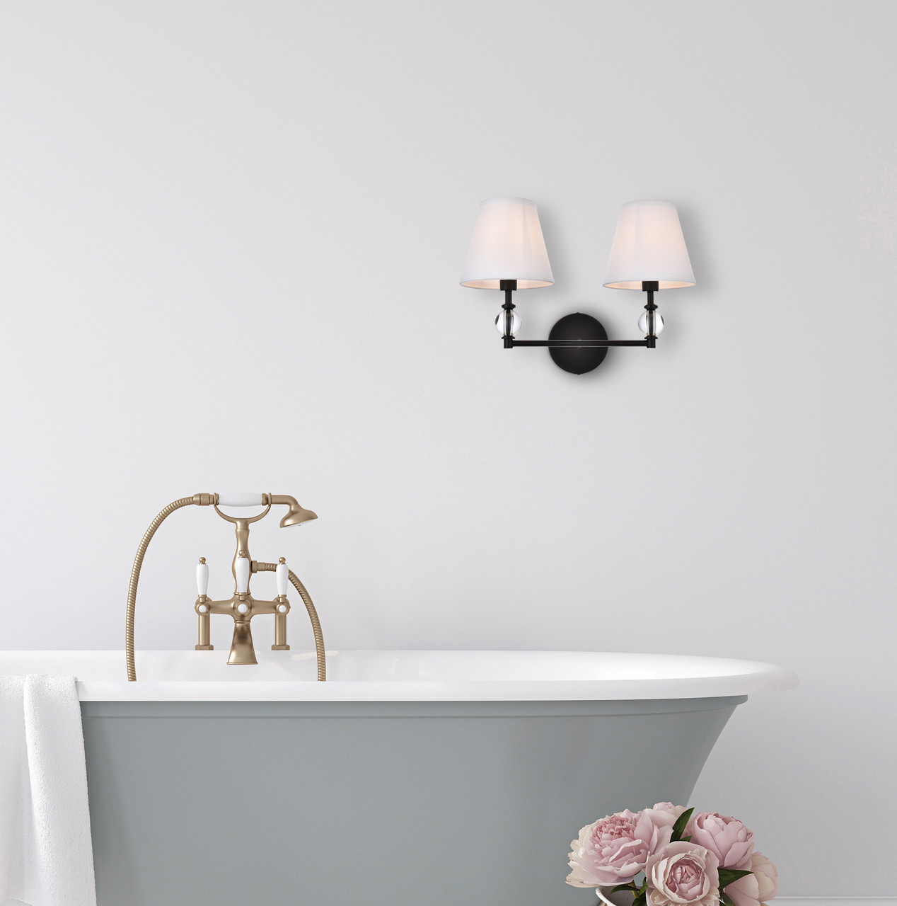 Living Disrict LD7022W15BK Bethany 2 lights bath sconce in black with white fabric shade