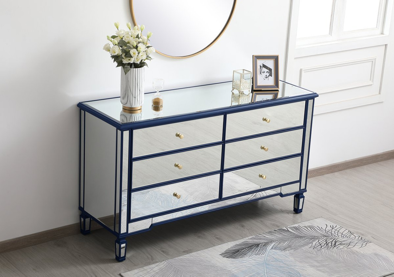 Elegant Decor MF6-1036BL 60 inch mirrored 6 drawer chest in blue