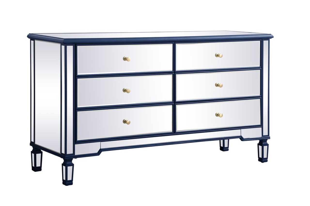 Elegant Decor MF6-1036BL 60 inch mirrored 6 drawer chest in blue