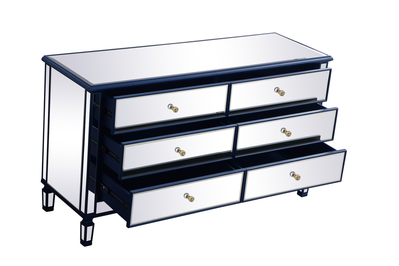 Elegant Decor MF6-1036BL 60 inch mirrored 6 drawer chest in blue
