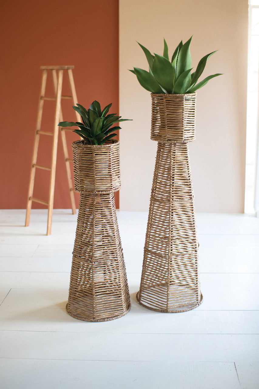 KALALOU A6306 SET OF TWO SEAGRASS AND IRON PLANTER TOWERS
