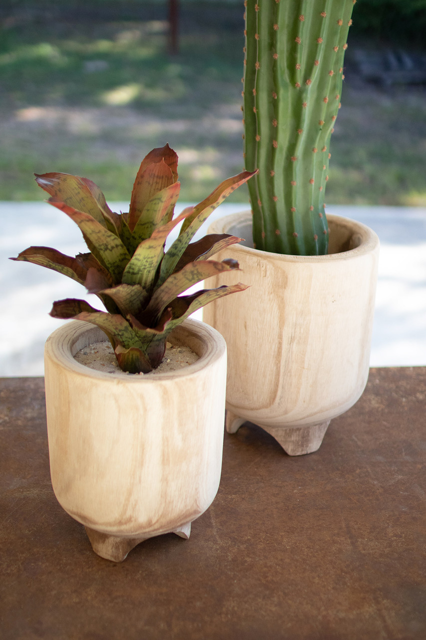 KALALOU CFAN1066 SET OF TWO HAND CARVED WOODEN PLANTERS