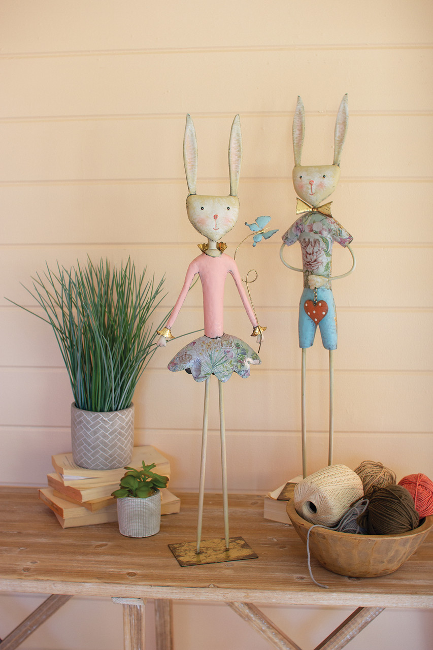 KALALOU CHE1377 SET OF TWO PAINTED METAL LONG LEG BOY AND GIRL  RABBITS