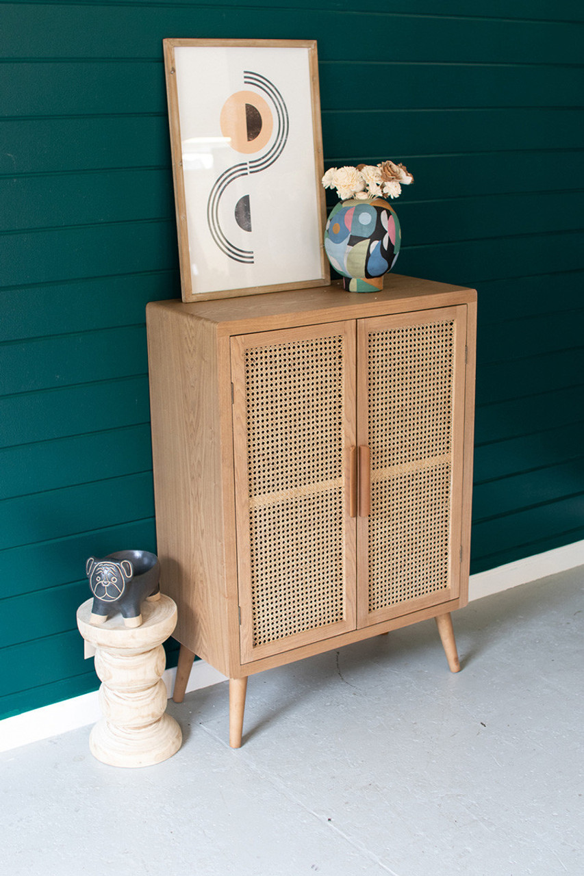 KALALOU CHH1292 TALL WOOD CABINET WITH TWO WOVEN CANE DOORS