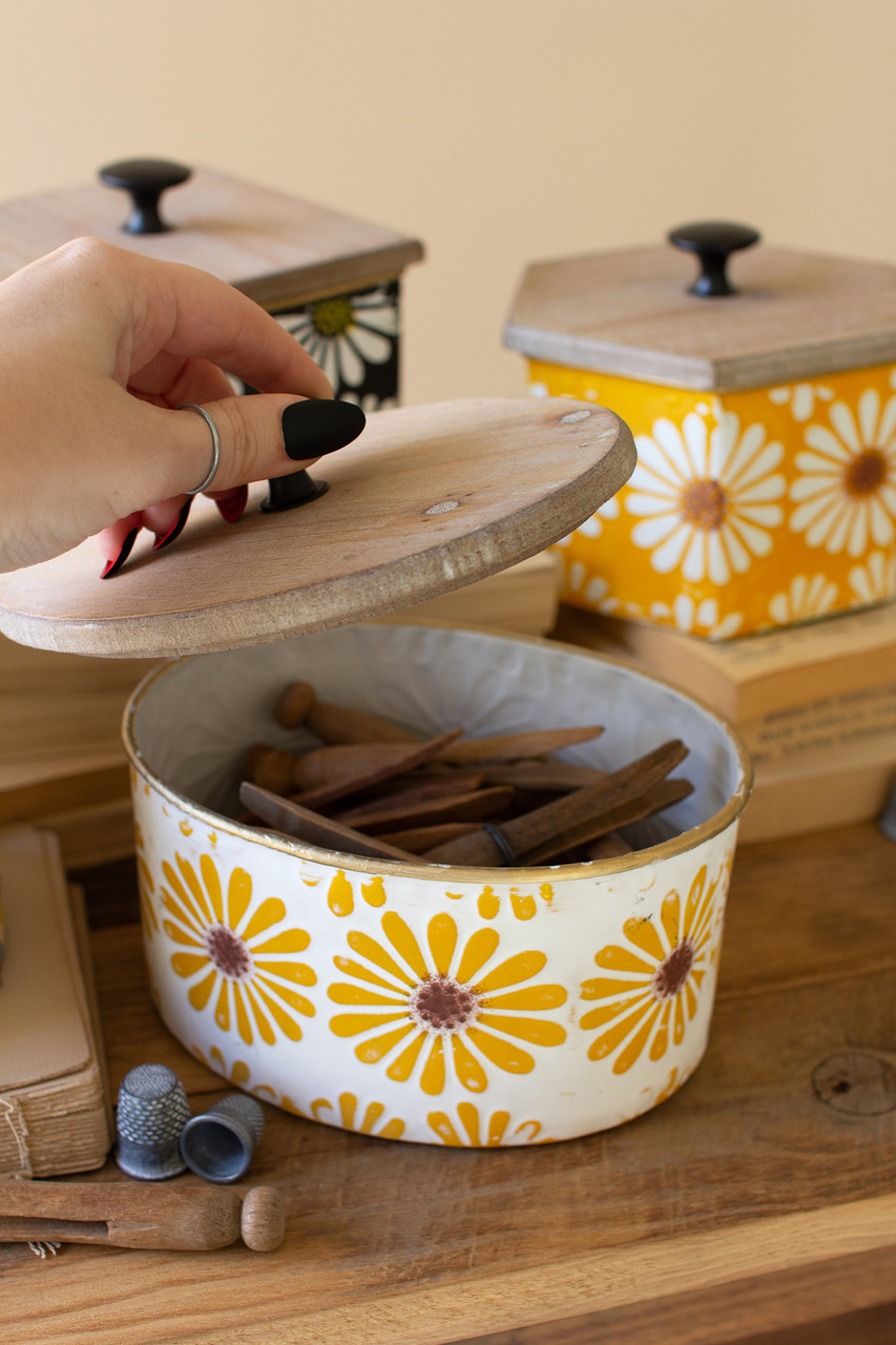 KALALOU CHW1266 SET OF FOUR WOOD & METAL CANISTERS W PAINTED FLOWER DETAIL