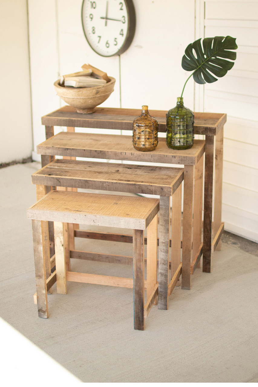 KALALOU CLNR1012 SET OF FOUR RUSTIC RECYCLED WOOD CONSOLE DISPLAY TABLES