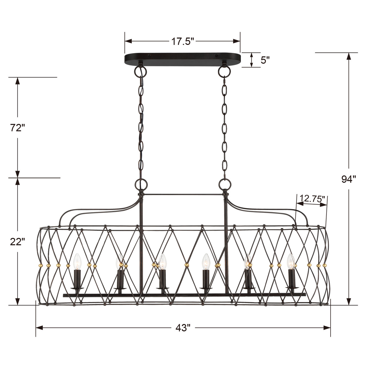 CRYSTORAMA ZUC-A9037-EB-GA Zucca 6 Light English Bronze & Antique Gold Linear Chandelier