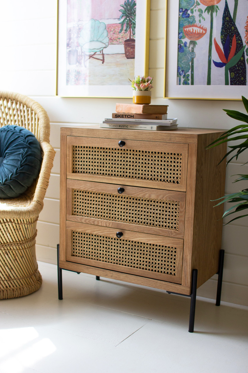 KALALOU CHH1390 WOOD BEDSIDE TABLE WITH THREE WOVEN CANE DRAWERS