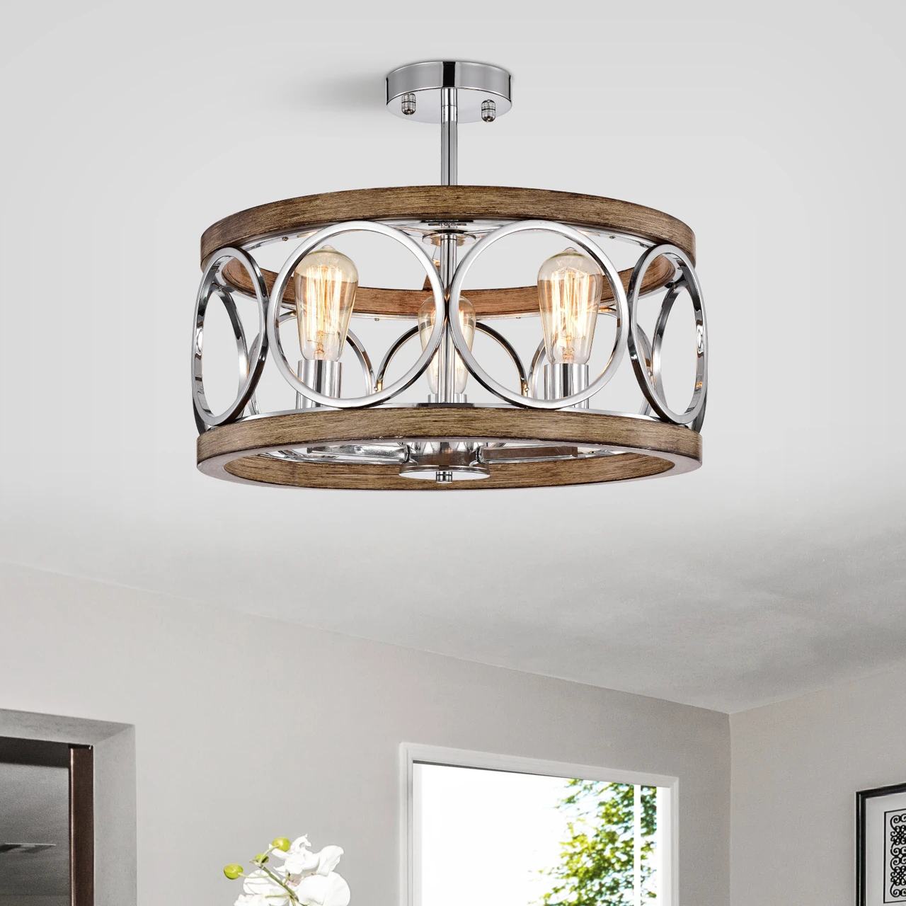 WAREHOUSE OF TIFFANY'S CM135/3IC Shacer 17.72 in. 3-Light Indoor Black and Chrome Finish Chandelier with Light Kit