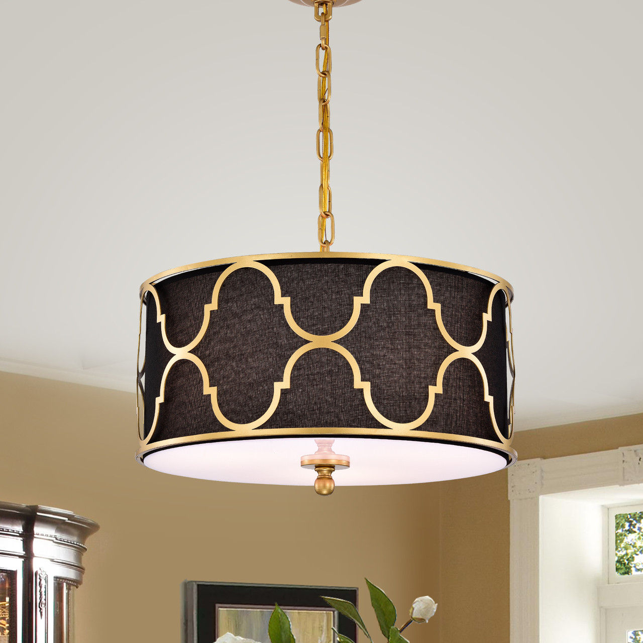 WAREHOUSE OF TIFFANY'S HM162/3 Marcelo 16 in. 3-Light Indoor Matte Gold and Black Finish Chandelier with Light Kit