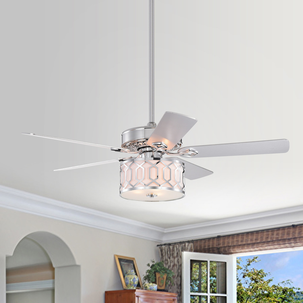 WAREHOUSE OF TIFFANY'S CFL-8484REMO/CH Manny 52 in. 3-Light Indoor Chrome Finish Remote Controlled Ceiling Fan with Light Kit