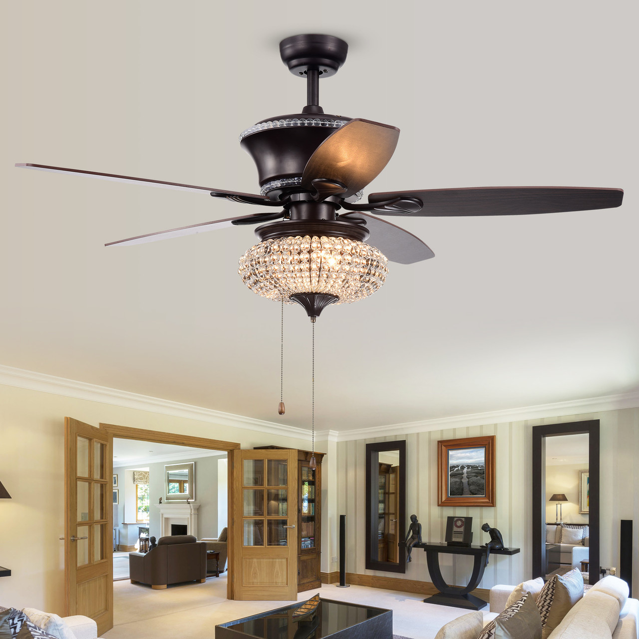 WAREHOUSE OF TIFFANY'S CFL-8305 Vasilisa 15 in. 1-Light Indoor Bronze Finish Hand Pull Chain Ceiling Fan with Light Kit