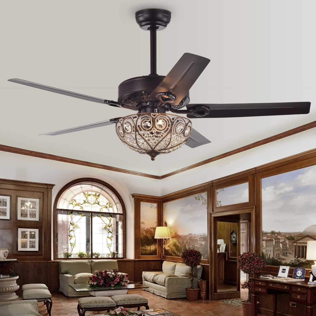 WAREHOUSE OF TIFFANY'S CFL-8111 Catalina 48 in. 3-Light Indoor Bronze Finish Hand Pull Chain Ceiling Fan with Light Kit