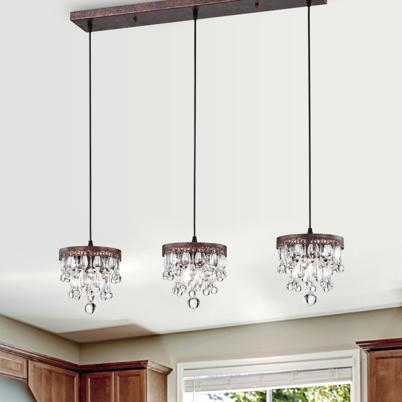 WAREHOUSE OF TIFFANY'S IMP89G/3AC Jerri 8 in. 3-Light Indoor Antique Copper Finish Island Pendant Light with Light Kit