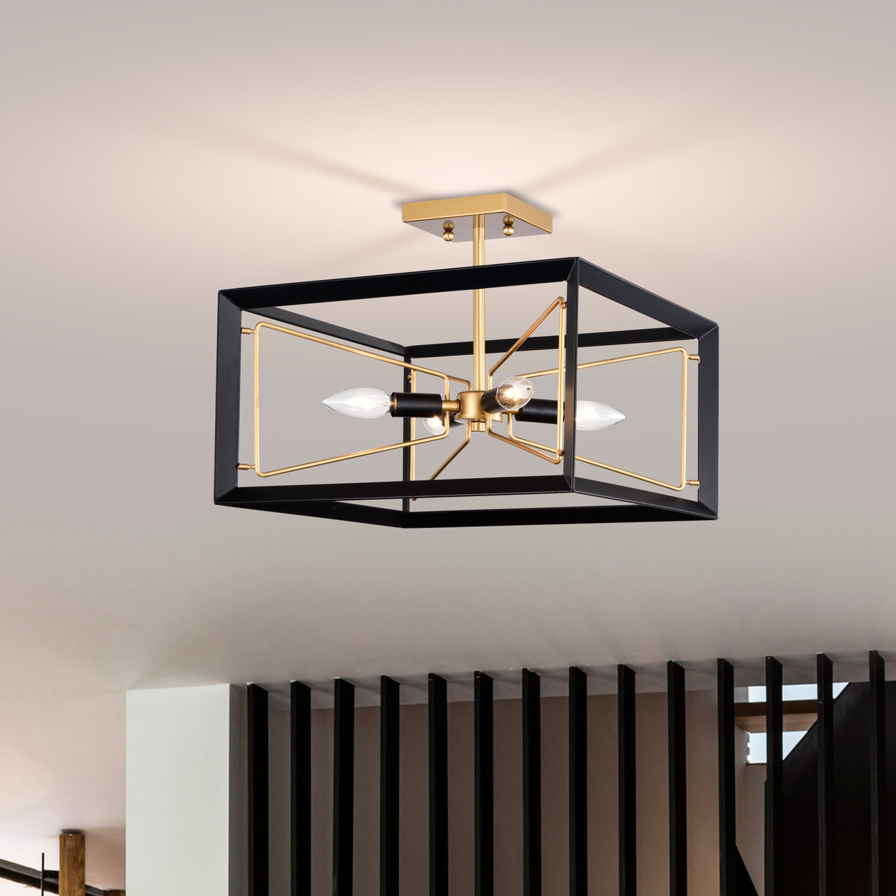 WAREHOUSE OF TIFFANY'S 2014/4SF Jaysen Matte Black+Gold 4-Light Geometric Metal Semi-Flush Mount