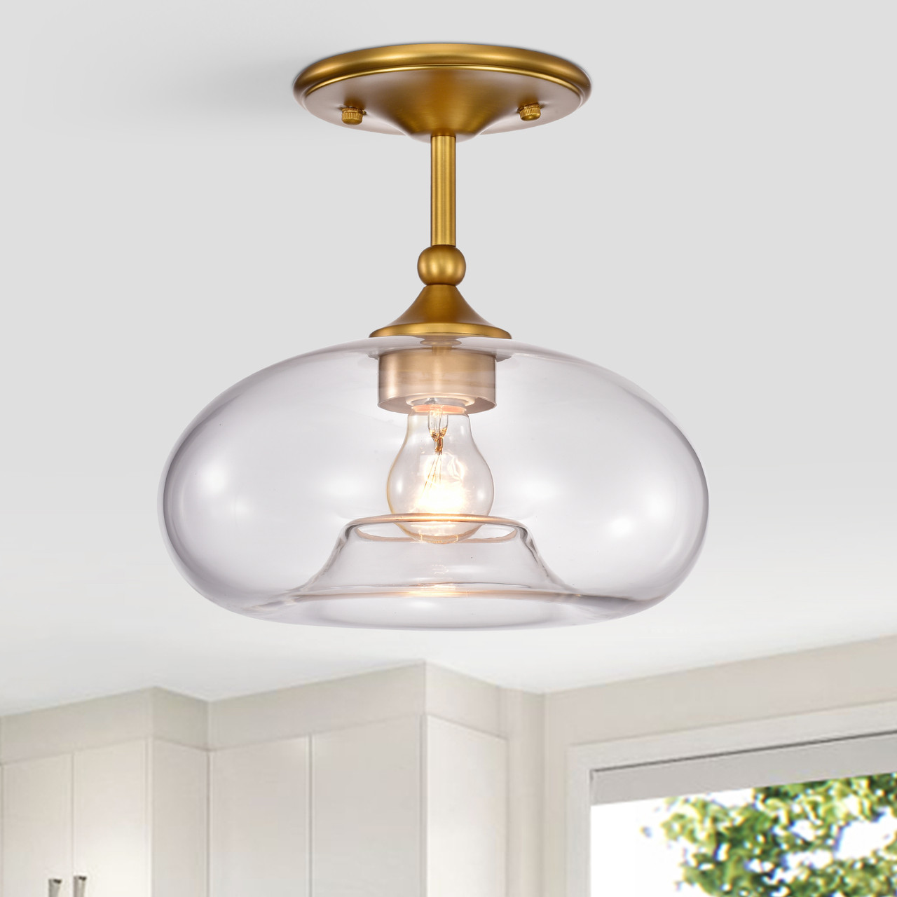 WAREHOUSE OF TIFFANY'S HM005/1AGB Charli Aged Brass 1-Light Curved Clear Glass Shade Semi-Flush Mount