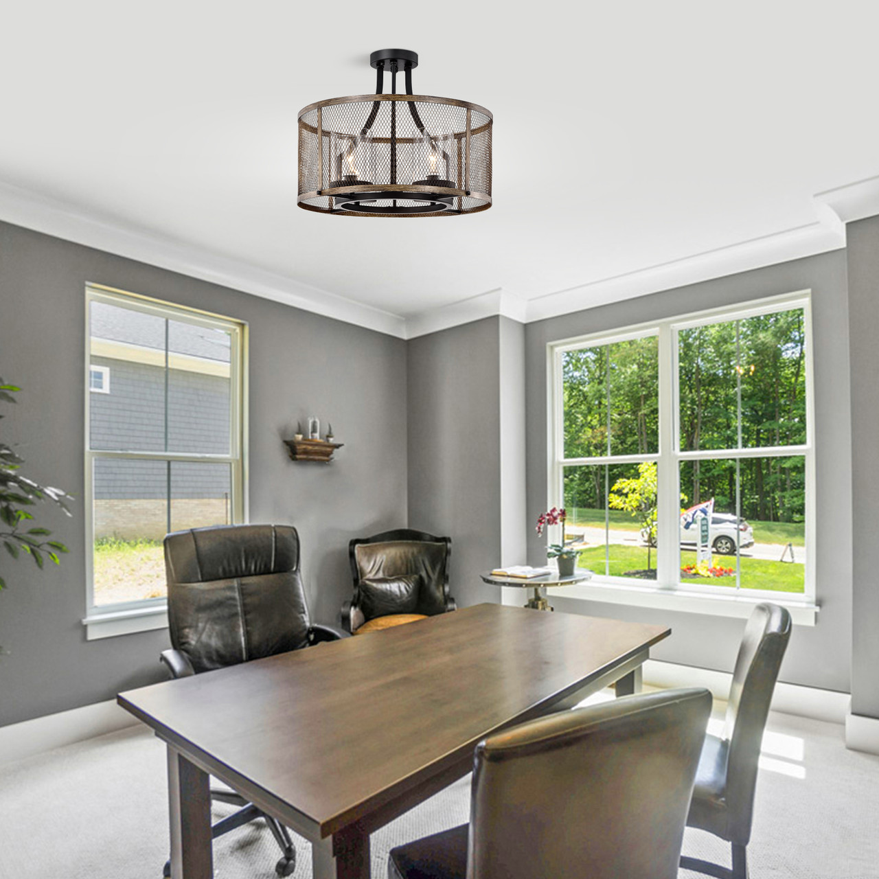 WAREHOUSE OF TIFFANY MX11/4 Adrian Matte Black 4-Light Metal Mesh Drum Shade Semi-Flush Mount