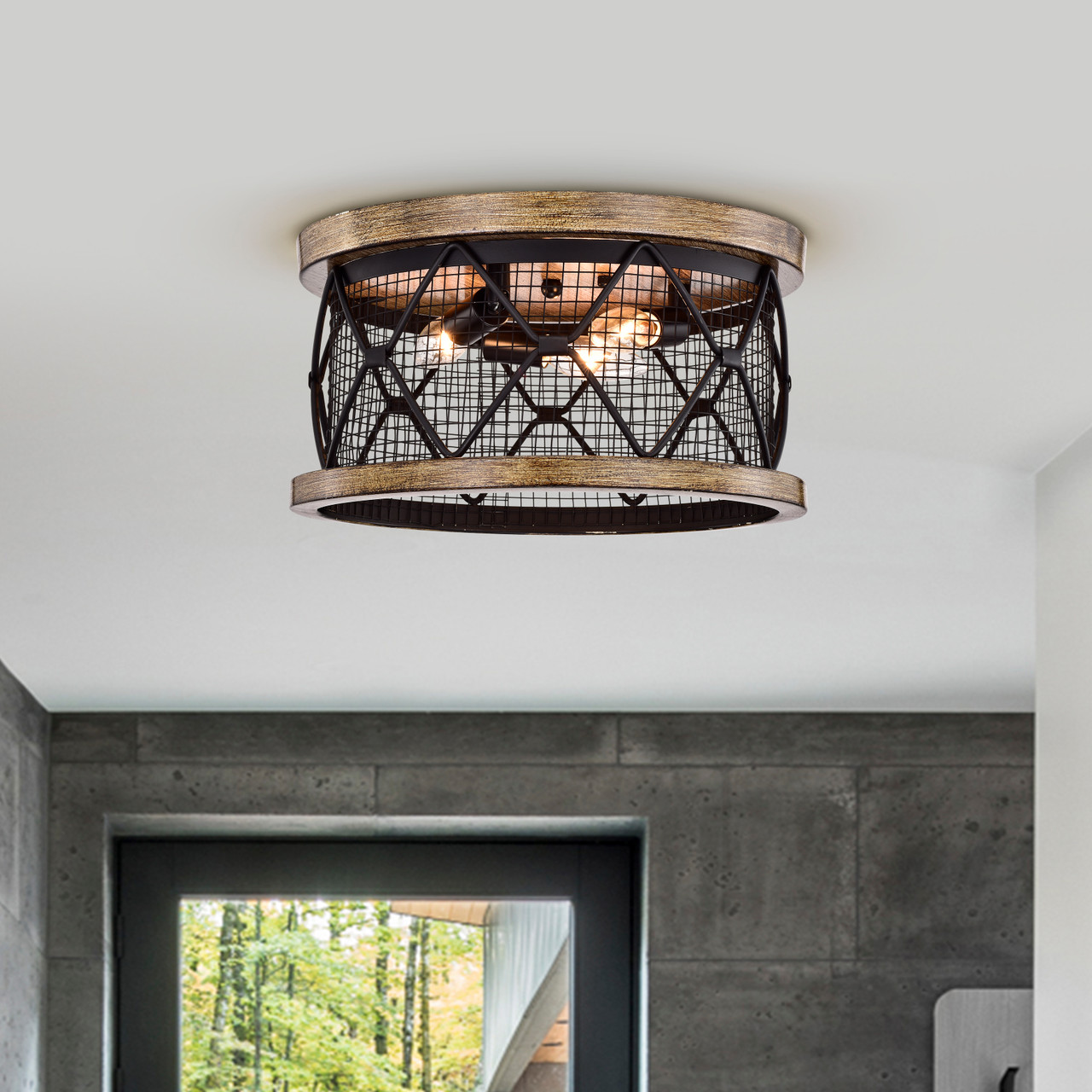 WAREHOUSE OF TIFFANY'S MX14/3 Julie Matte Black 3-Light Metal Drum Shade Flush Mount with Diamond Pattern and Geometric Design