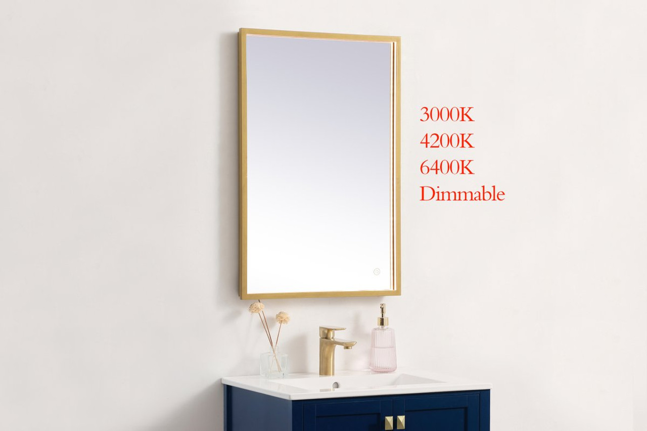 Elegant Decor MRE61830BR Pier 18x30 inch LED mirror with adjustable color temperature 3000K/4200K/6400K in brass