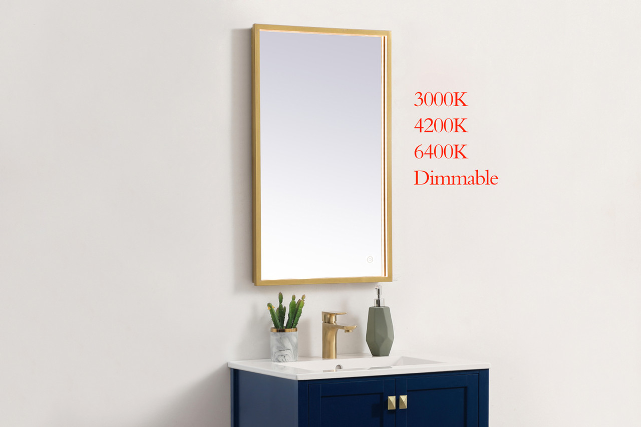 Elegant Decor MRE61830BR Pier 18x30 inch LED mirror with adjustable color temperature 3000K/4200K/6400K in brass