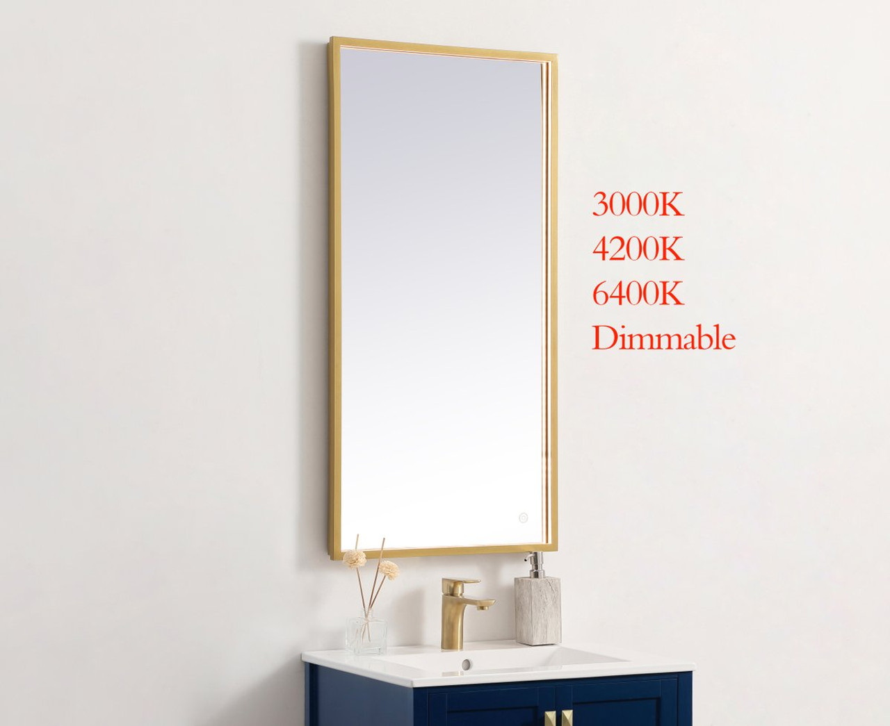 Elegant Decor MRE62030BR Pier 20x30 inch LED mirror with adjustable color temperature 3000K/4200K/6400K in brass