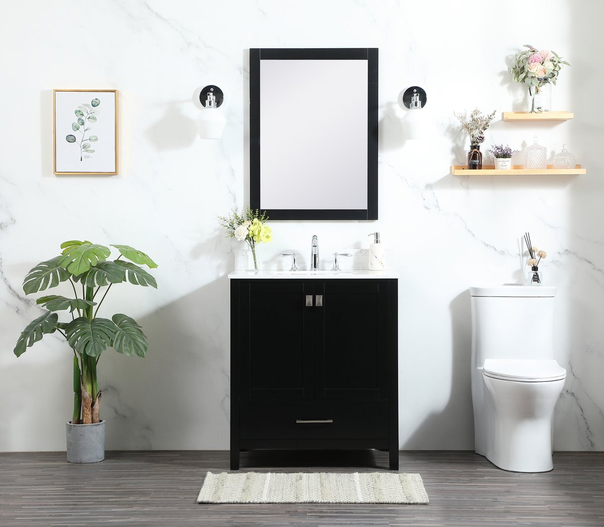 Elegant Decor VF18830BK-BS 30 inch single bathroom vanity in black with backsplash