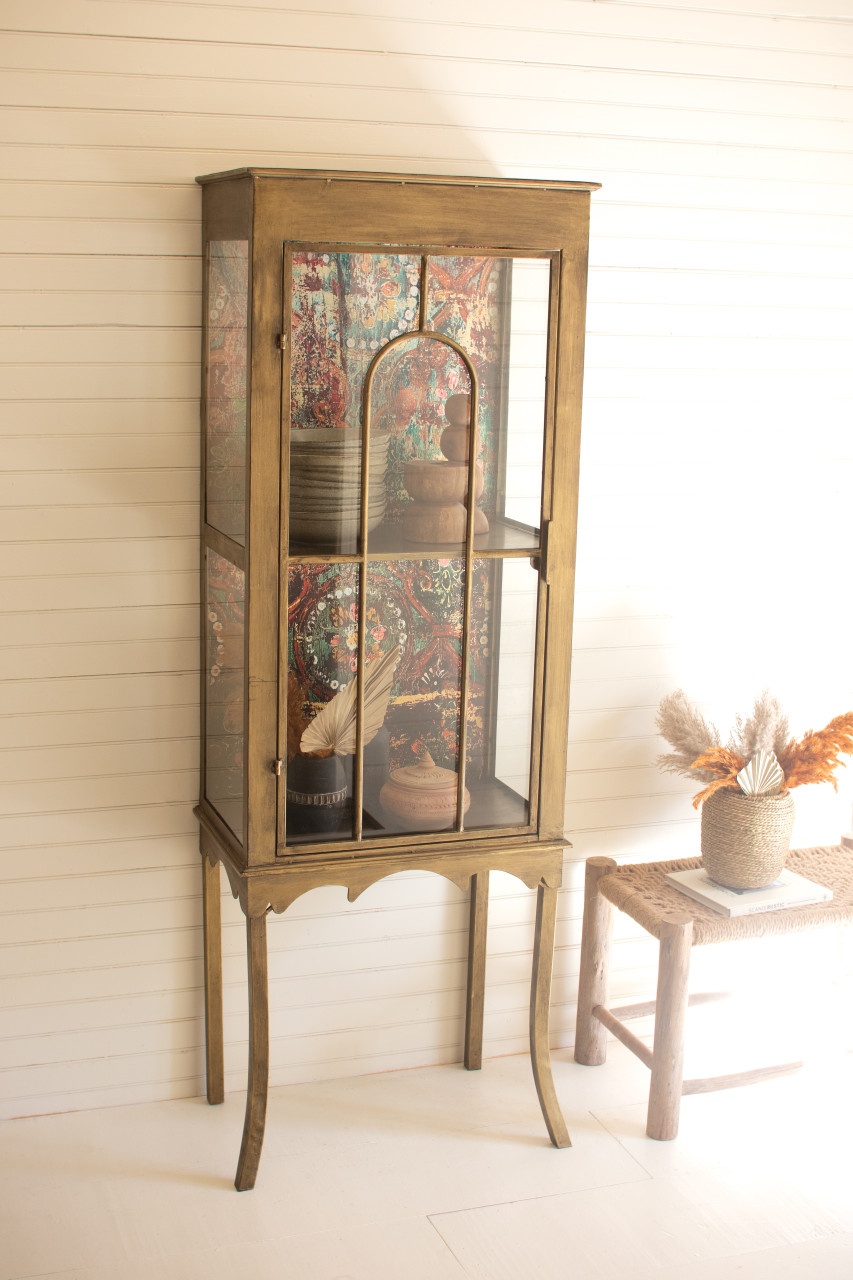 KALALOU CLL2645 GOLD METAL AND GLASS CABINET WITH COLORFUL PRINT BACK