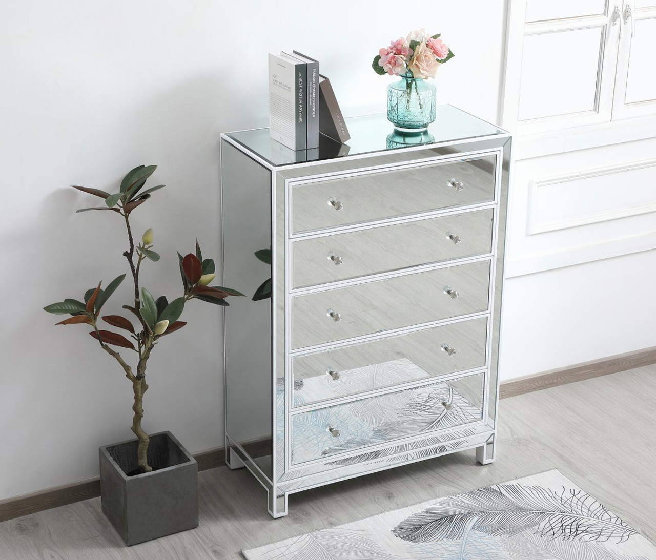 Elegant Decor MF72026WH 34 inch mirrored five drawer cabinet in white