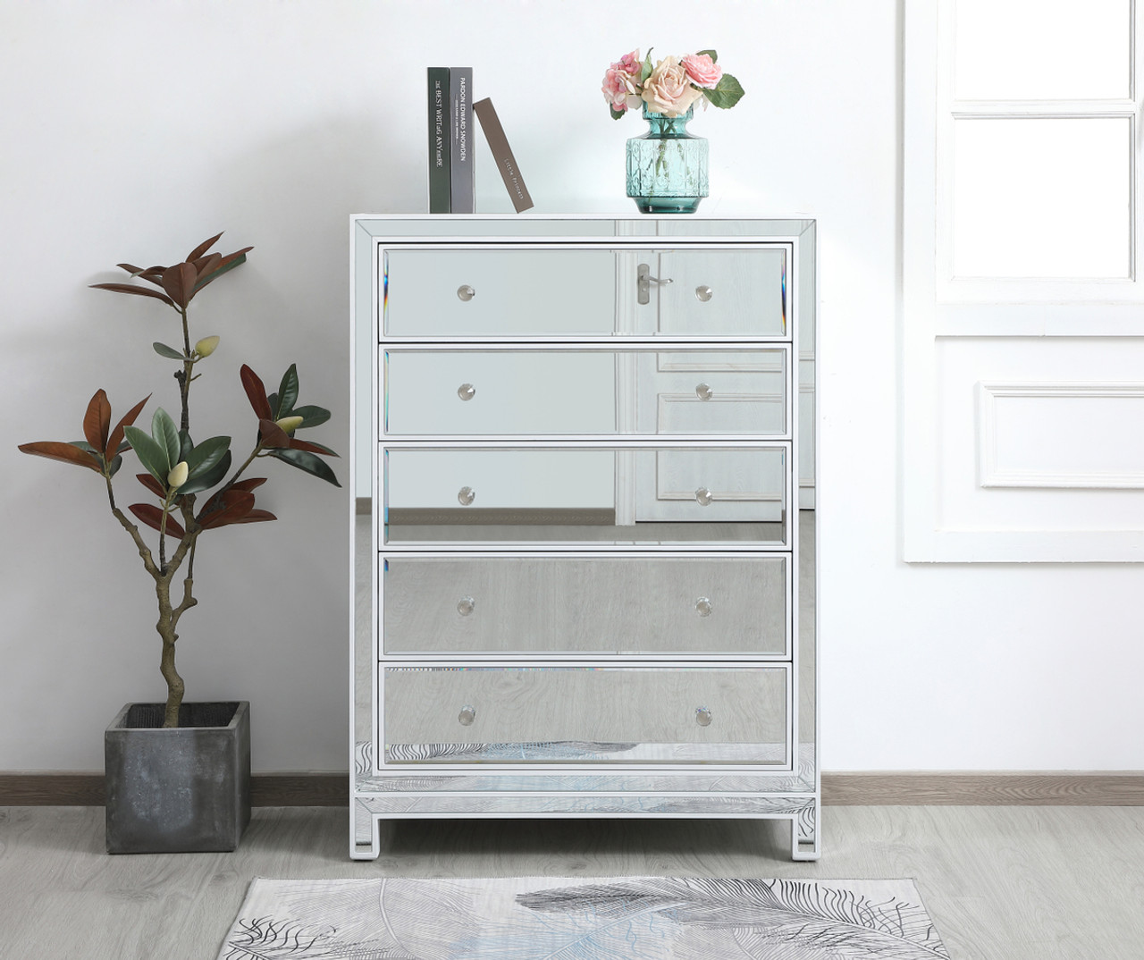 Elegant Decor MF72026WH 34 inch mirrored five drawer cabinet in white