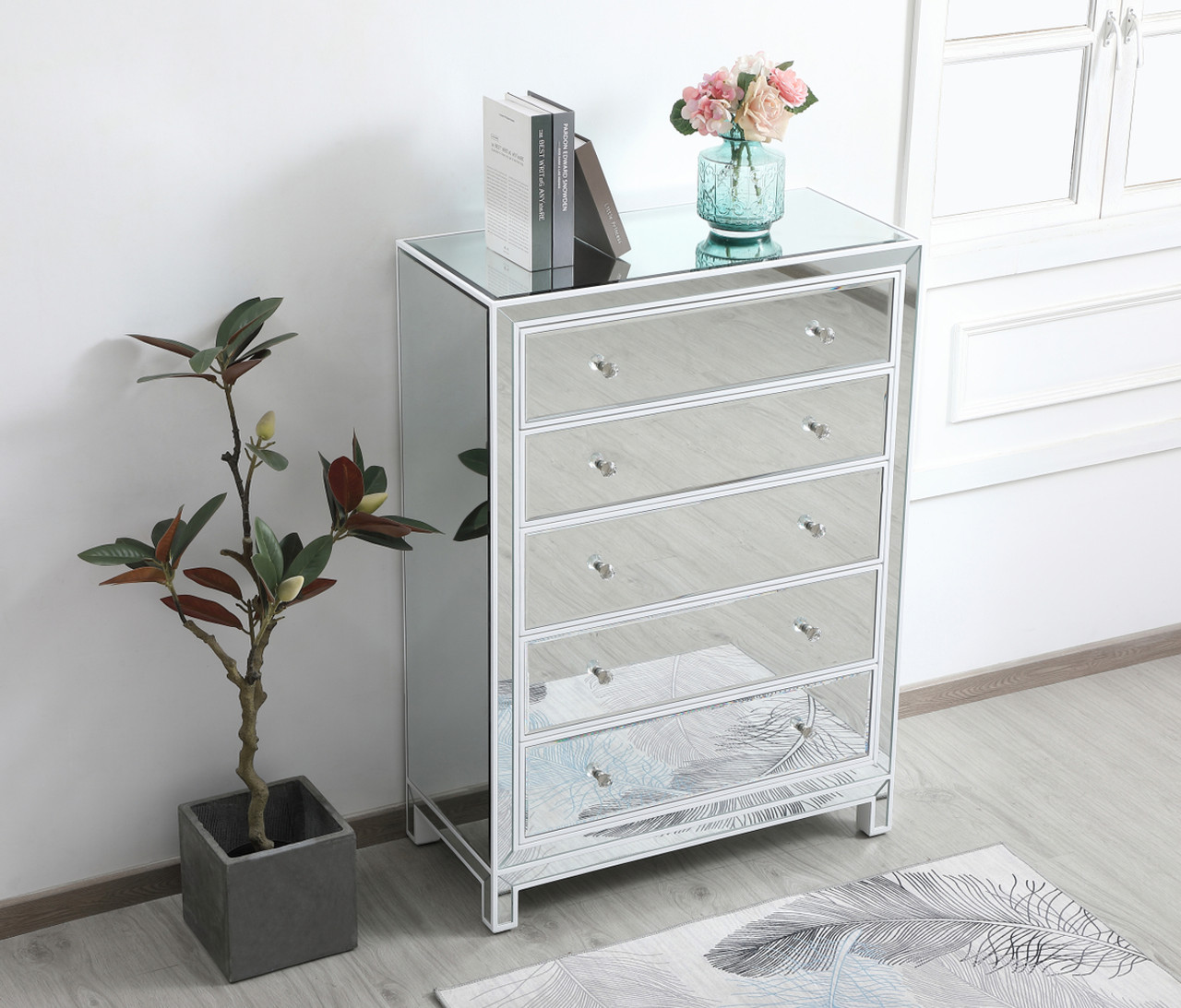 Elegant Decor MF72026WH 34 inch mirrored five drawer cabinet in white