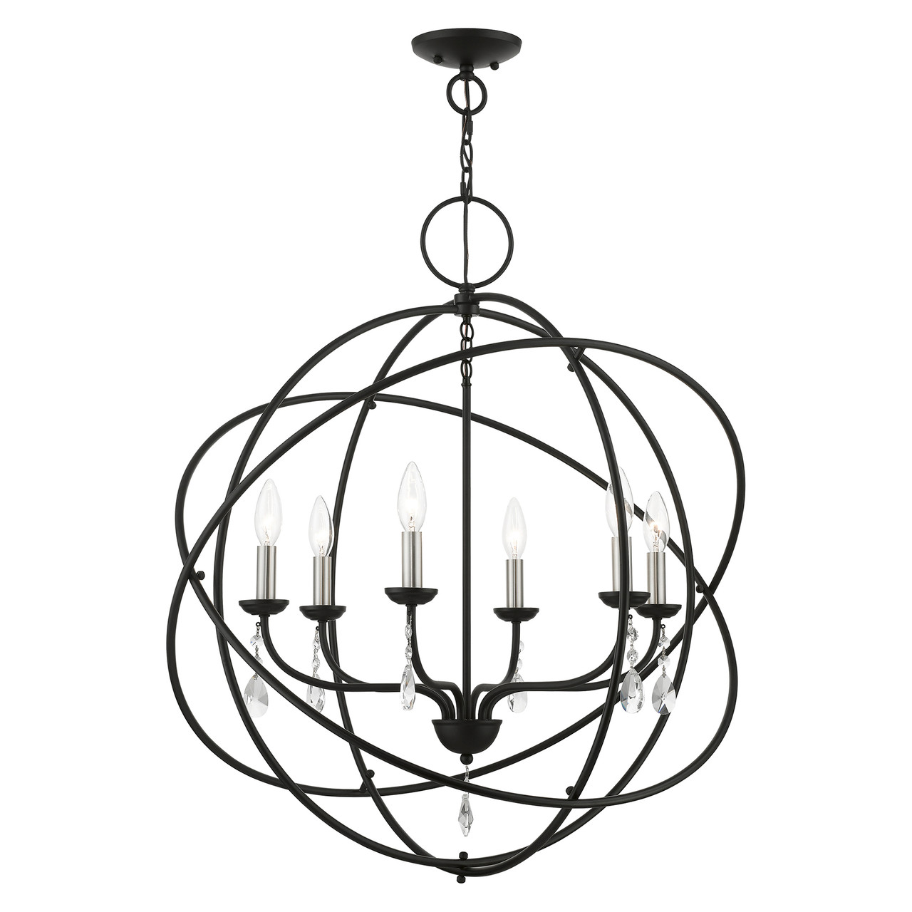 LIVEX LIGHTING 40906-04 6 Light Black with Brushed Nickel Finish Candles Globe Pendant Chandelier